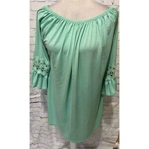 Win Win Women's Top Light Green Ruffle Sleeve Round Neck Slinky Long NWT L/XL